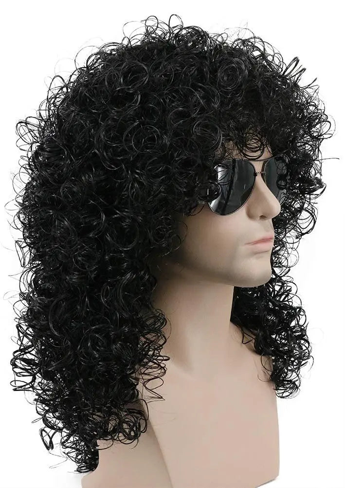 karlery 70s 80s Mens Long Curly Black Wig Afro Punk Rocker Halloween Party Costume Wig Avelisse