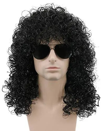 karlery 70s 80s Mens Long Curly Black Wig Afro Punk Rocker Halloween Party Costume Wig Avelisse
