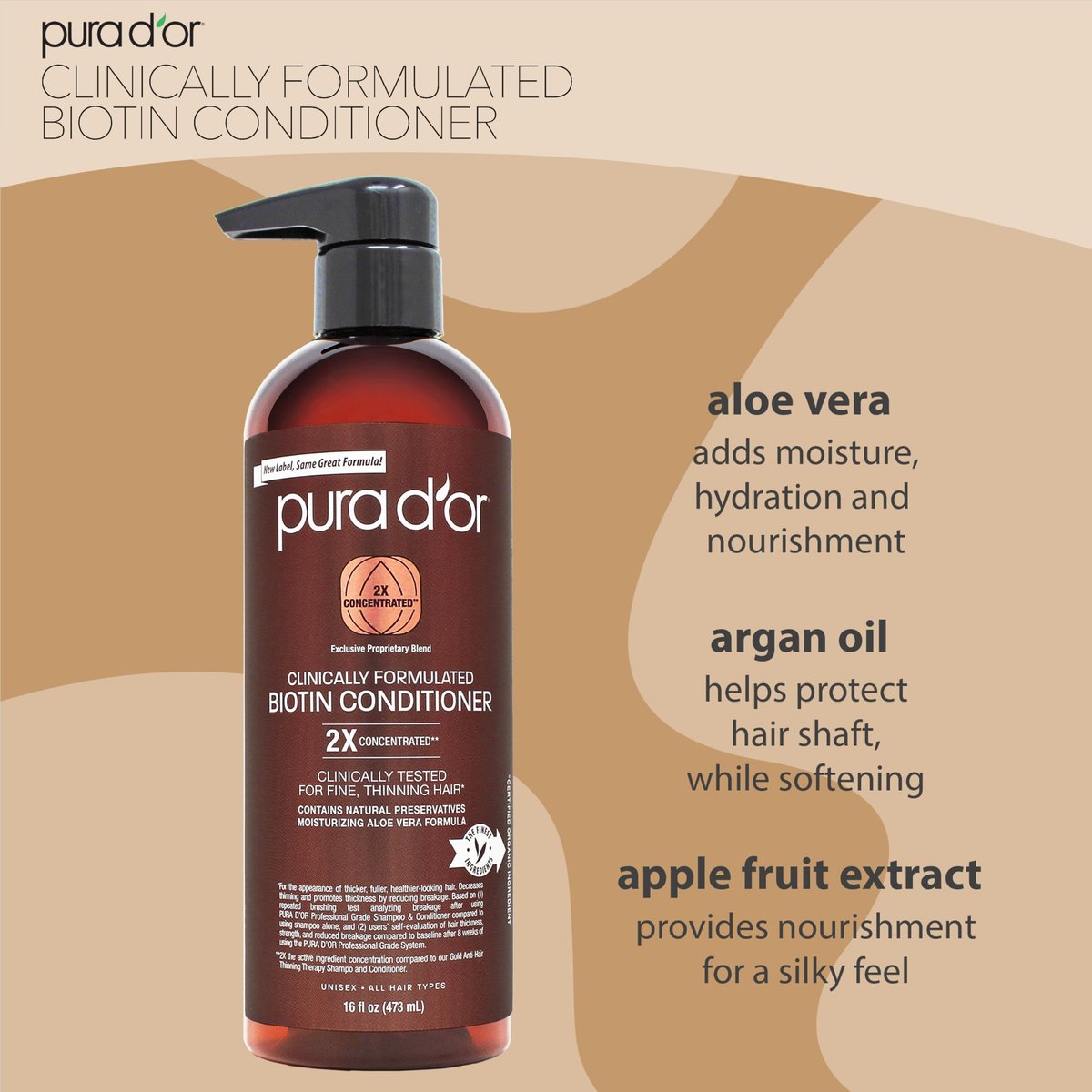 PURA D'OR 16 Oz Biotin Conditioner – Clinically Formulated Hair Thickening Conditioner for Thinning Hair, 2X Concentrated Herbal Blend for Women & Men - görsel 3
