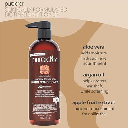 PURA D'OR 16 Oz Biotin Conditioner – Clinically Formulated Hair Thickening Conditioner for Thinning Hair, 2X Concentrated Herbal Blend for Women & Men