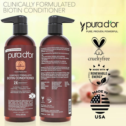 PURA D'OR 16 Oz Biotin Conditioner – Clinically Formulated Hair Thickening Conditioner for Thinning Hair, 2X Concentrated Herbal Blend for Women & Men