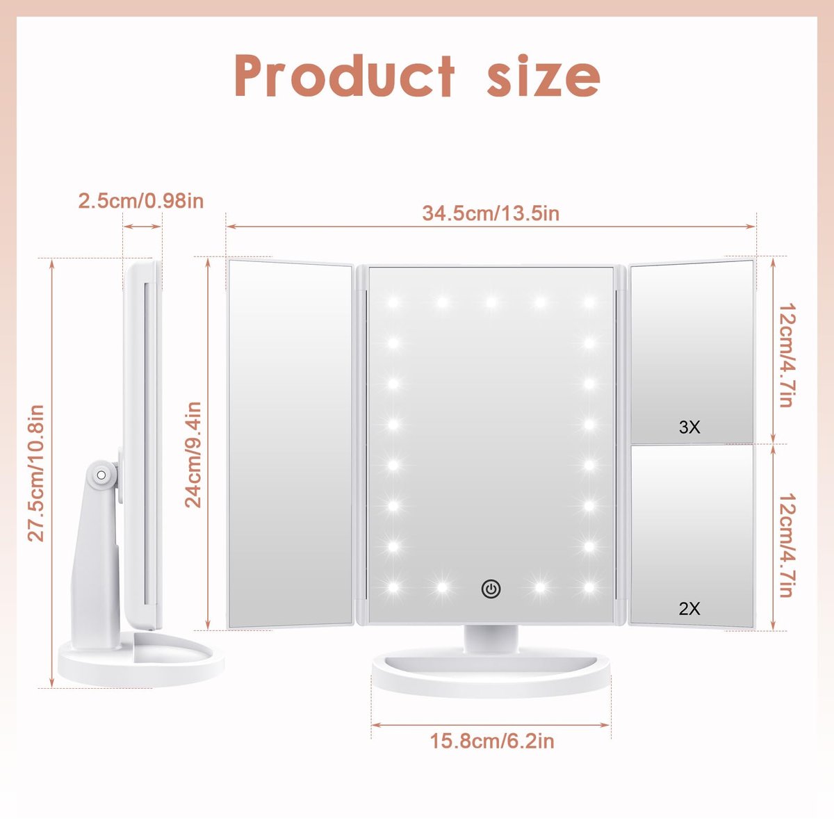 WEILY Makeup Vanity Mirror with 21 LED Lights, Tri-Fold 1x 2x 3x Magnification, Touch Screen, 180° Adjustable Rotation, USB Powered Countertop Mirror (White) Avelisse