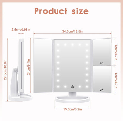 WEILY Makeup Vanity Mirror with 21 LED Lights, Tri-Fold 1x 2x 3x Magnification, Touch Screen, 180° Adjustable Rotation, USB Powered Countertop Mirror (White) Avelisse