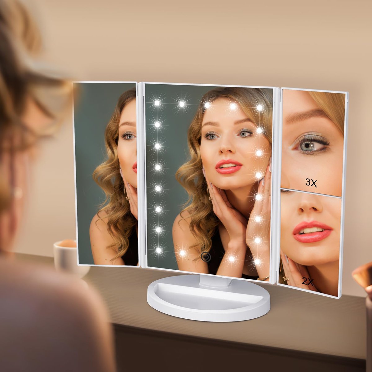 WEILY Makeup Vanity Mirror with 21 LED Lights, Tri-Fold 1x 2x 3x Magnification, Touch Screen, 180° Adjustable Rotation, USB Powered Countertop Mirror (White) Avelisse