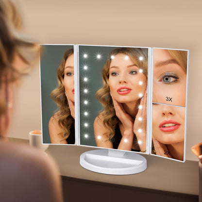 WEILY Makeup Vanity Mirror with 21 LED Lights, Tri-Fold 1x 2x 3x Magnification, Touch Screen, 180° Adjustable Rotation, USB Powered Countertop Mirror (White) Avelisse