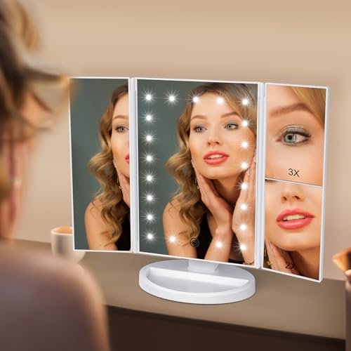 WEILY Makeup Vanity Mirror with 21 LED Lights, Tri-Fold 1x 2x 3x Magnification, Touch Screen, 180° Adjustable Rotation, USB Powered Countertop Mirror (White) Avelisse