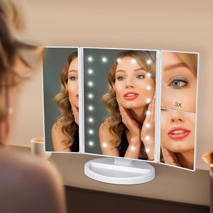 WEILY Makeup Vanity Mirror with 21 LED Lights, Tri-Fold 1x 2x 3x Magnification, Touch Screen, 180° Adjustable Rotation, USB Powered Countertop Mirror (White) Avelisse