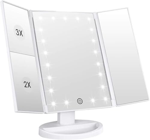 WEILY Makeup Vanity Mirror with 21 LED Lights, Tri-Fold 1x 2x 3x Magnification, Touch Screen, 180° Adjustable Rotation, USB Powered Countertop Mirror (White) Avelisse