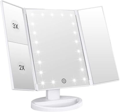 WEILY Makeup Vanity Mirror with 21 LED Lights, Tri-Fold 1x 2x 3x Magnification, Touch Screen, 180° Adjustable Rotation, USB Powered Countertop Mirror (White) Avelisse