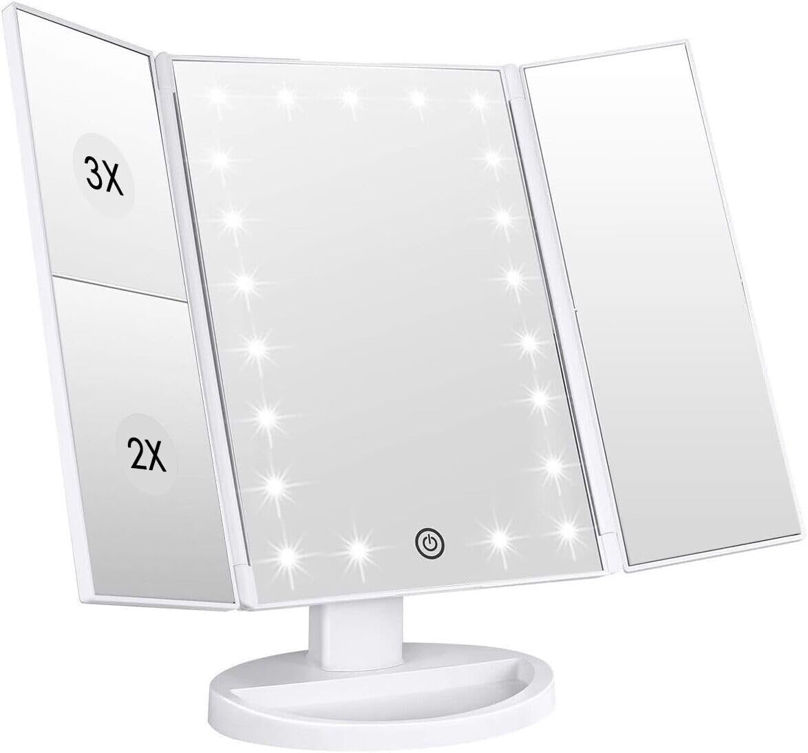 WEILY Makeup Vanity Mirror with 21 LED Lights, Tri-Fold 1x 2x 3x Magnification, Touch Screen, 180° Adjustable Rotation, USB Powered Countertop Mirror (White) Avelisse