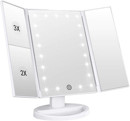 WEILY Makeup Vanity Mirror with 21 LED Lights, Tri-Fold 1x 2x 3x Magnification, Touch Screen, 180° Adjustable Rotation, USB Powered Countertop Mirror (White) Avelisse