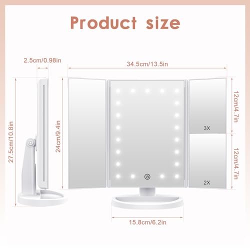 WEILY Makeup Vanity Mirror with 21 LED Lights, Tri-Fold 1x 2x 3x Magnification, Touch Screen, 180° Adjustable Rotation, USB Powered Countertop Mirror (White) Avelisse