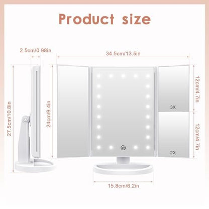 WEILY Makeup Vanity Mirror with 21 LED Lights, Tri-Fold 1x 2x 3x Magnification, Touch Screen, 180° Adjustable Rotation, USB Powered Countertop Mirror (White) Avelisse