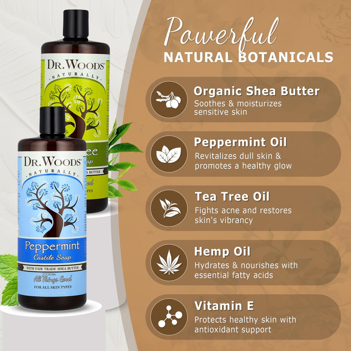 Dr. Woods Pure Tea Tree Oil & Peppermint Liquid Castile Soap - Organic Shea Butter Body Wash & Face Wash - 32 fl oz (Pack of 2) Avelisse