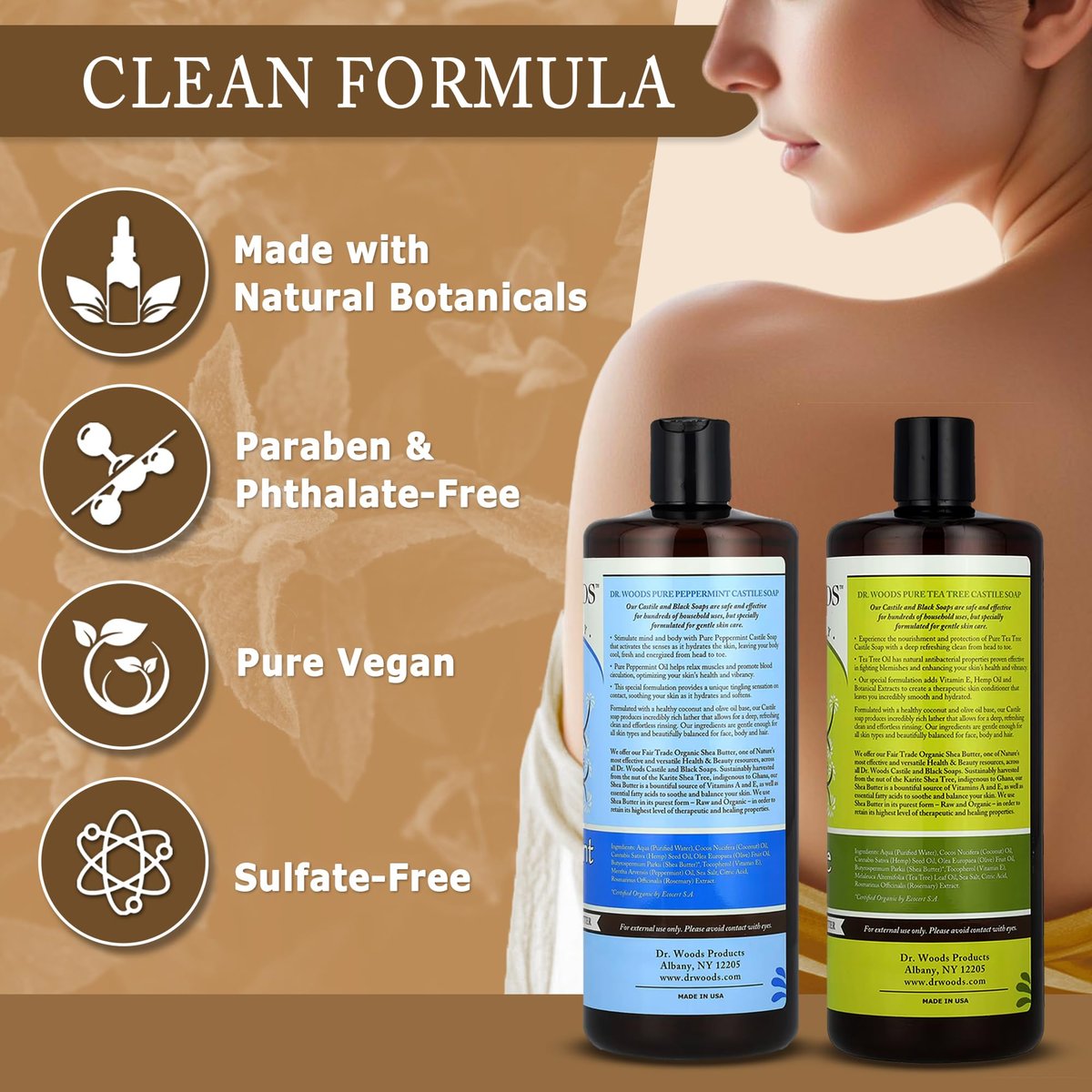 Dr. Woods Pure Tea Tree Oil & Peppermint Liquid Castile Soap - Organic Shea Butter Body Wash & Face Wash - 32 fl oz (Pack of 2) Avelisse