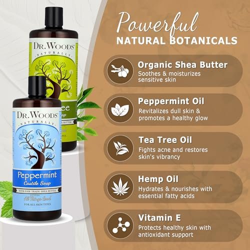 Dr. Woods Pure Tea Tree Oil & Peppermint Liquid Castile Soap - Organic Shea Butter Body Wash & Face Wash - 32 fl oz (Pack of 2) Avelisse