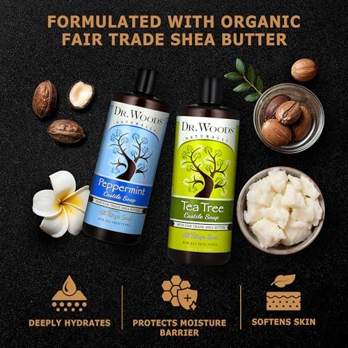 Dr. Woods Pure Tea Tree Oil & Peppermint Liquid Castile Soap - Organic Shea Butter Body Wash & Face Wash - 32 fl oz (Pack of 2) Avelisse