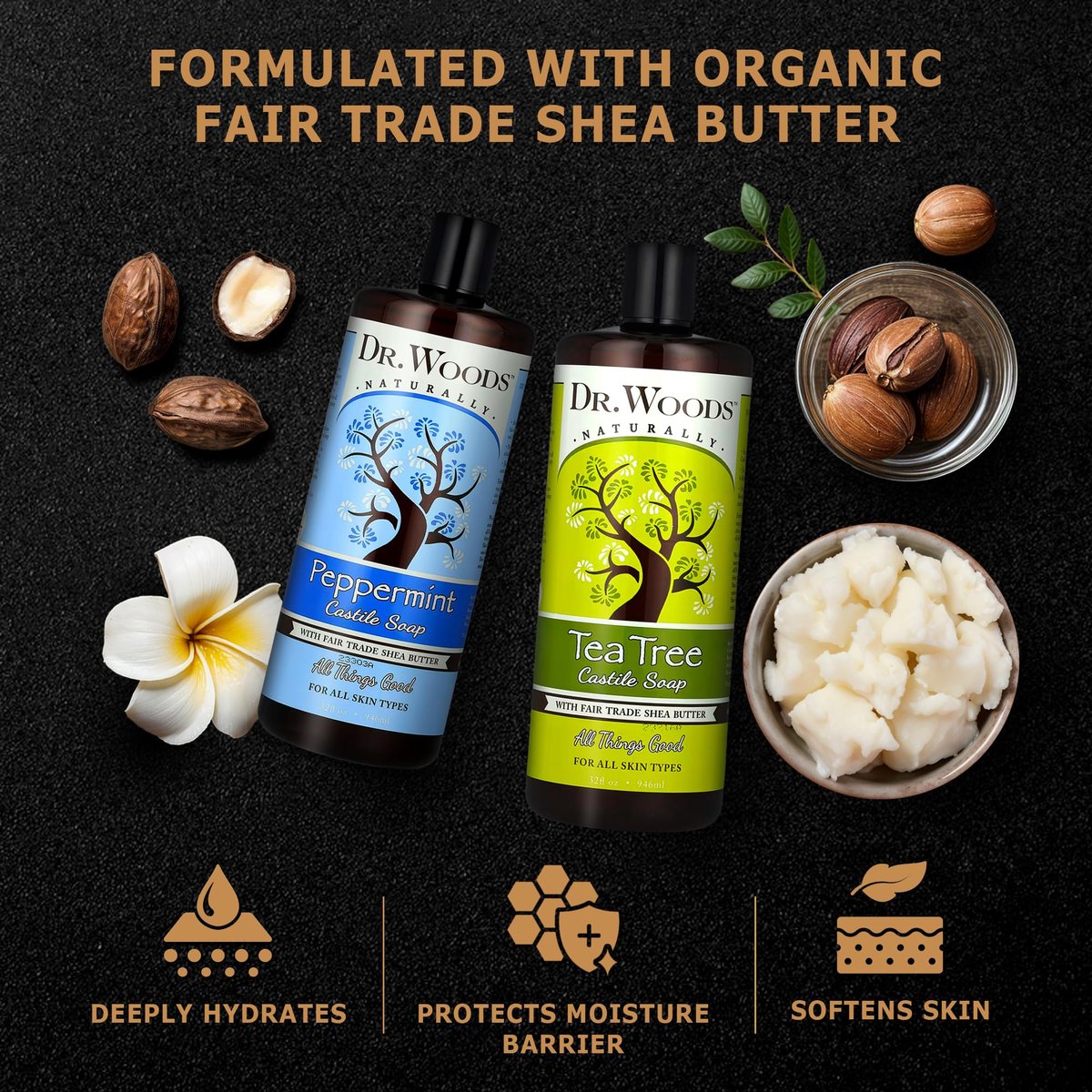 Dr. Woods Pure Tea Tree Oil & Peppermint Liquid Castile Soap - Organic Shea Butter Body Wash & Face Wash - 32 fl oz (Pack of 2) Avelisse