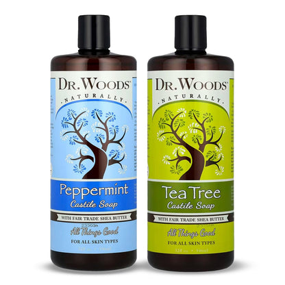 Dr. Woods Pure Tea Tree Oil & Peppermint Liquid Castile Soap - Organic Shea Butter Body Wash & Face Wash - 32 fl oz (Pack of 2) Avelisse