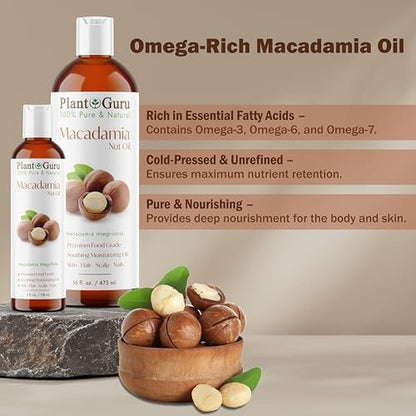 Plant Guru 100% Pure Cold Pressed Macadamia Nut Oil – 4 fl oz Natural Carrier Oil for Skin, Face, Body & Hair Moisturizer, DIY Creams, Lotions & Lip Balms