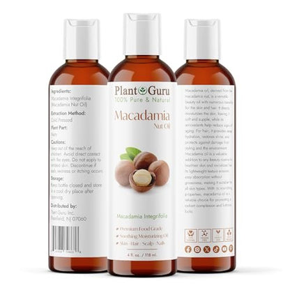 Plant Guru 100% Pure Cold Pressed Macadamia Nut Oil – 4 fl oz Natural Carrier Oil for Skin, Face, Body & Hair Moisturizer, DIY Creams, Lotions & Lip Balms