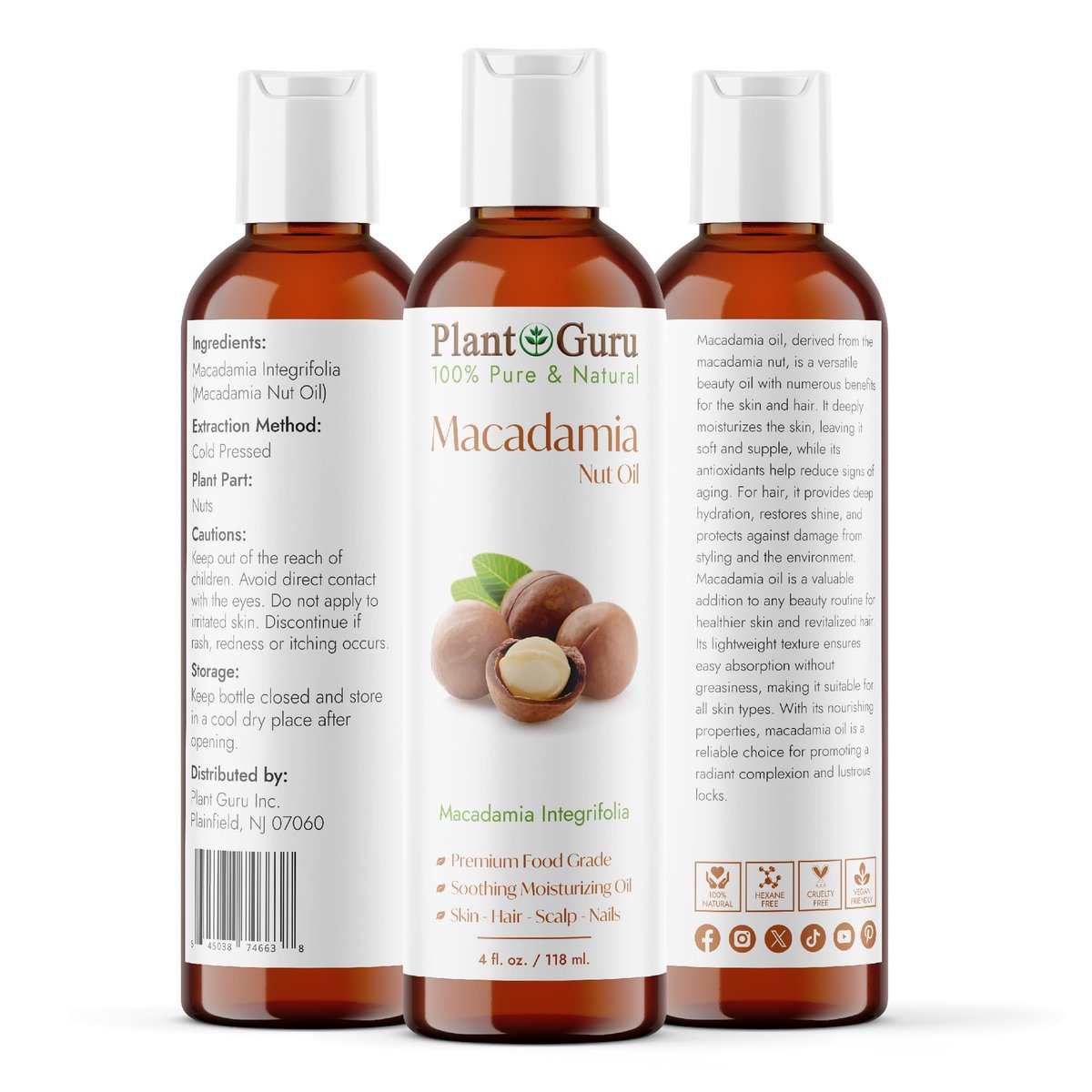 Plant Guru 100% Pure Cold Pressed Macadamia Nut Oil – 4 fl oz Natural Carrier Oil for Skin, Face, Body & Hair Moisturizer, DIY Creams, Lotions & Lip Balms - görsel 4