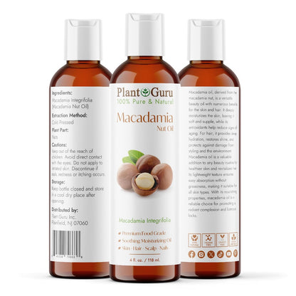 Plant Guru 100% Pure Cold Pressed Macadamia Nut Oil – 4 fl oz Natural Carrier Oil for Skin, Face, Body & Hair Moisturizer, DIY Creams, Lotions & Lip Balms