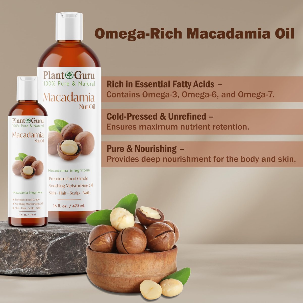 Plant Guru 100% Pure Cold Pressed Macadamia Nut Oil – 4 fl oz Natural Carrier Oil for Skin, Face, Body & Hair Moisturizer, DIY Creams, Lotions & Lip Balms - görsel 6