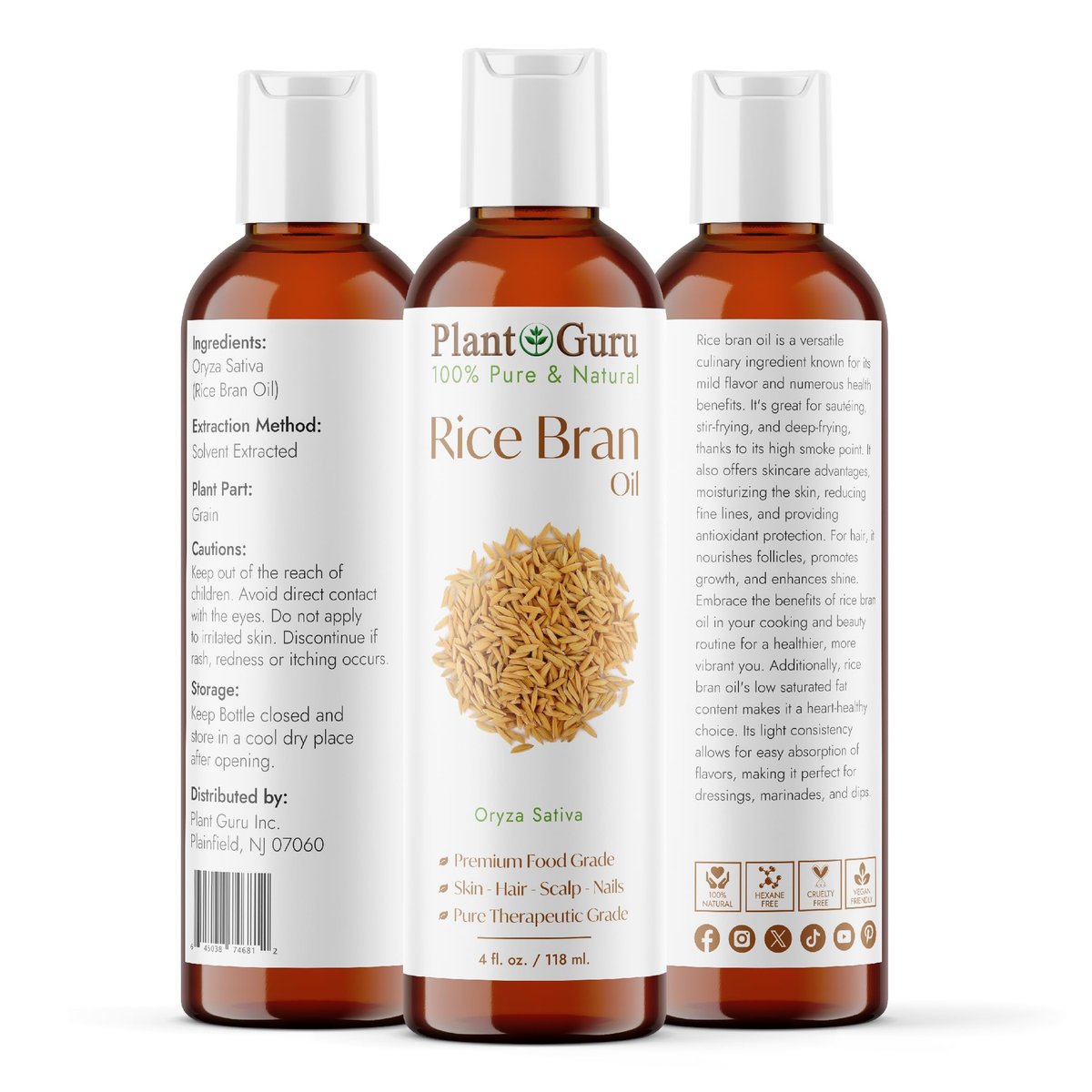 Plant Guru Rice Bran Oil 4 fl. oz. – 100% Pure & Natural Carrier Oil for Skin, Face, Body, and Hair Moisturizing. Great for DIY Creams, Lotions, and Lip Balms. - görsel 3