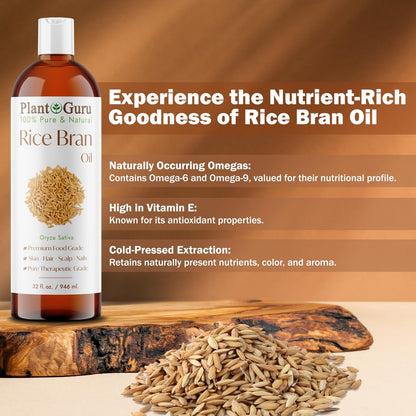 Plant Guru Rice Bran Oil 4 fl. oz. – 100% Pure & Natural Carrier Oil for Skin, Face, Body, and Hair Moisturizing. Great for DIY Creams, Lotions, and Lip Balms.