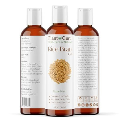 Plant Guru Rice Bran Oil 4 fl. oz. – 100% Pure & Natural Carrier Oil for Skin, Face, Body, and Hair Moisturizing. Great for DIY Creams, Lotions, and Lip Balms.