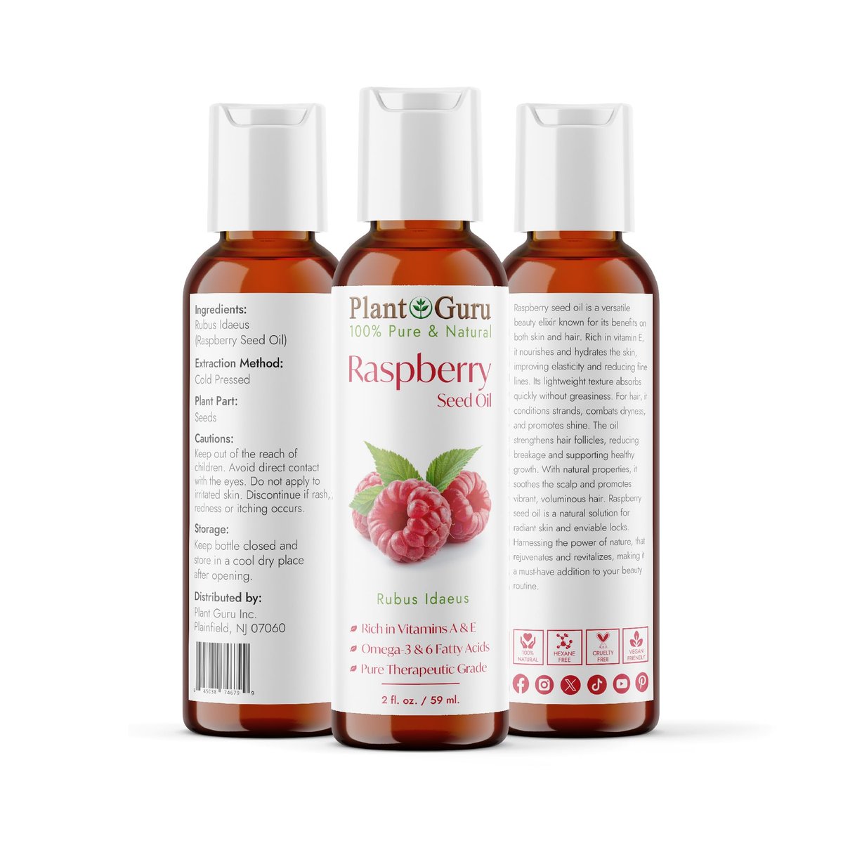 Plant Guru Red Raspberry Seed Oil 2 fl. oz. Cold Pressed Unrefined 100% Pure & Natural Carrier – Ideal for Skin, Face, Body, and Hair Moisturizer. Great for DIY Soap, Creams, Lotions, and Lip Balms. - görsel 3