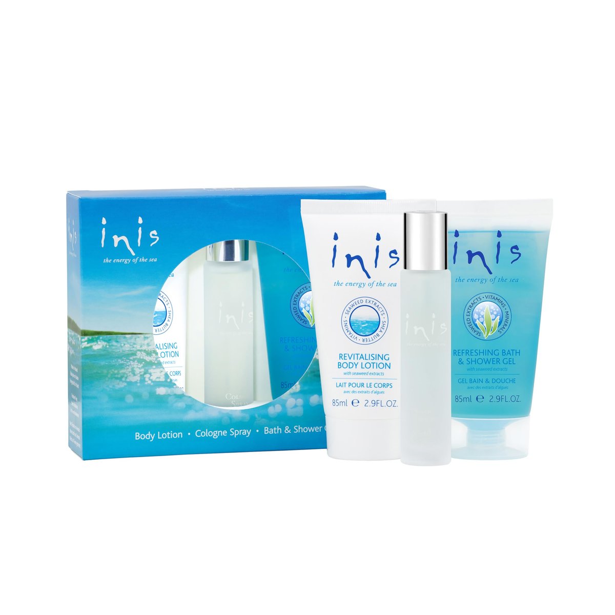 Inis the Energy of the Sea Trio Gift Set - Travel Size Mini Cologne, Body Lotion & Bath Gel, Unisex Ocean Fresh Fragrance Avelisse