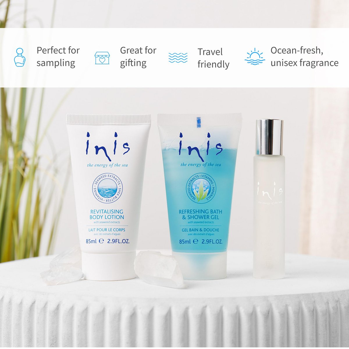 Inis the Energy of the Sea Trio Gift Set - Travel Size Mini Cologne, Body Lotion & Bath Gel, Unisex Ocean Fresh Fragrance Avelisse