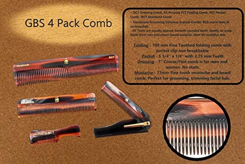 Handmade Tortoise Shell Comb Set – Pack of 4 Premium Fine-Tooth Combs for Men & Women – Includes Pocket, Folding, Dressing & Mustache Combs – Stylish Hair & Beard Grooming Kit Avelisse