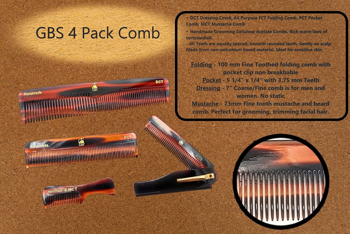 Handmade Tortoise Shell Comb Set – Pack of 4 Premium Fine-Tooth Combs for Men & Women – Includes Pocket, Folding, Dressing & Mustache Combs – Stylish Hair & Beard Grooming Kit Avelisse