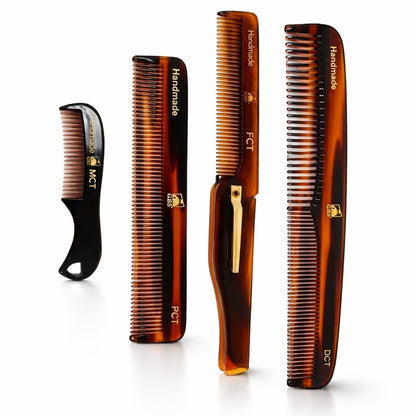 Handmade Tortoise Shell Comb Set – Pack of 4 Premium Fine-Tooth Combs for Men & Women – Includes Pocket, Folding, Dressing & Mustache Combs – Stylish Hair & Beard Grooming Kit Avelisse