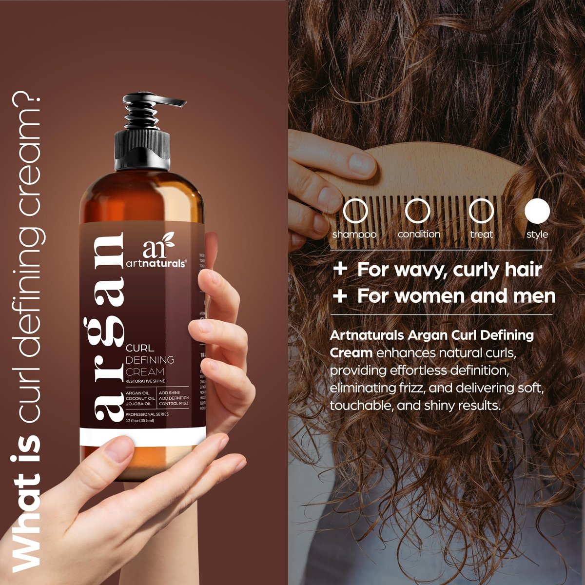Artnaturals Curl Defining Cream - Moisturizer & Enhancer with Almond, Jojoba & Argan Oil, Natural Frizz Control for Wavy & Curly Hair, Sulfate Free, 12 Oz Avelisse