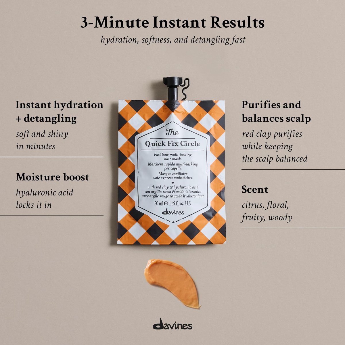 Davines The Quick Fix Circle Fast-Acting Hydrating Hair Mask - Moisturizes & Detangles in 3 Minutes with Red Clay & Hyaluronic Acid - Instant Volume & Shine, 1.69 Fl Oz Avelisse