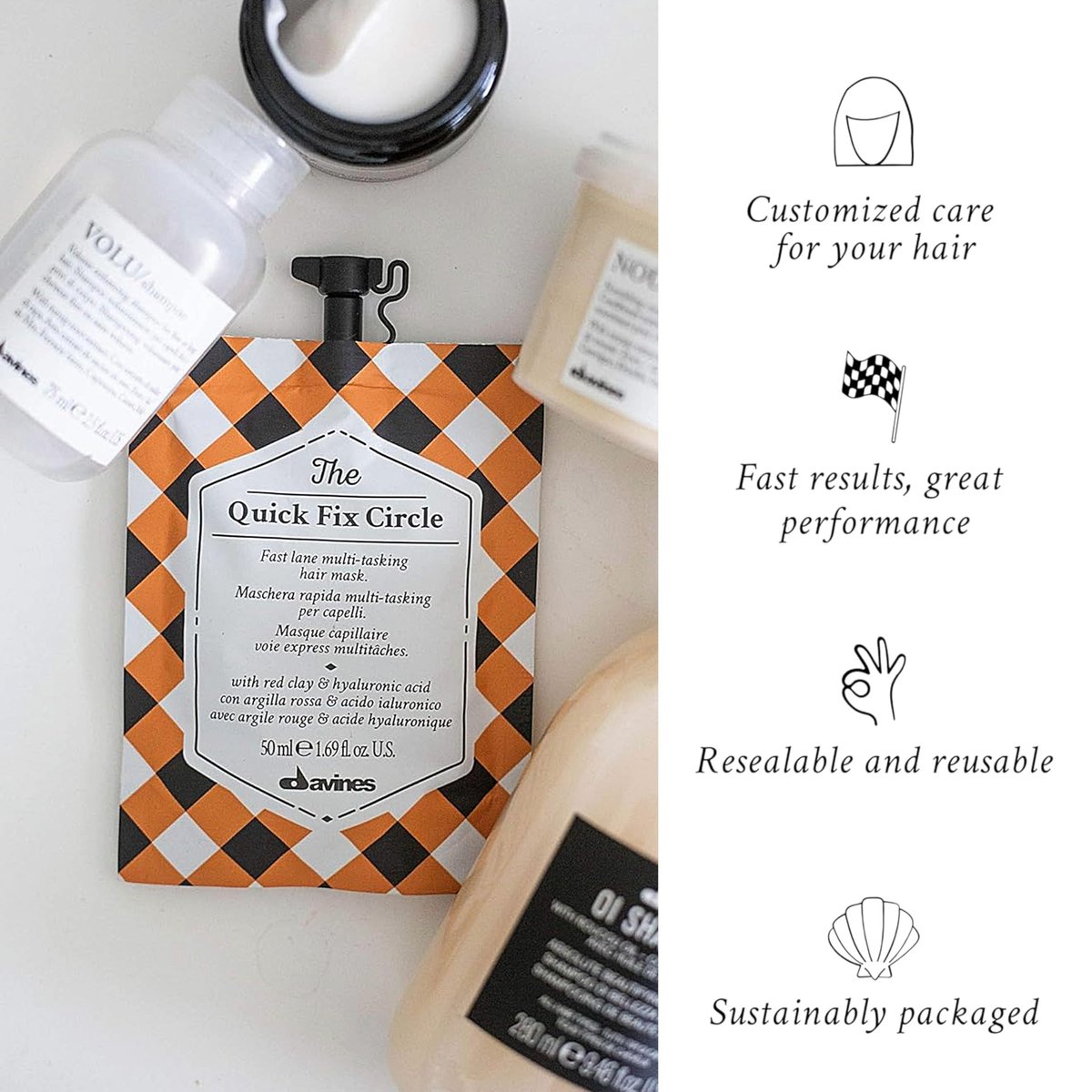 Davines The Quick Fix Circle Fast-Acting Hydrating Hair Mask - Moisturizes & Detangles in 3 Minutes with Red Clay & Hyaluronic Acid - Instant Volume & Shine, 1.69 Fl Oz Avelisse