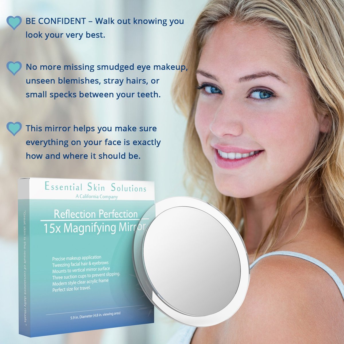 15X Magnifying Mirror for Makeup, Tweezing & Blackhead Removal – 6 Inch Round with Suction Cups Avelisse