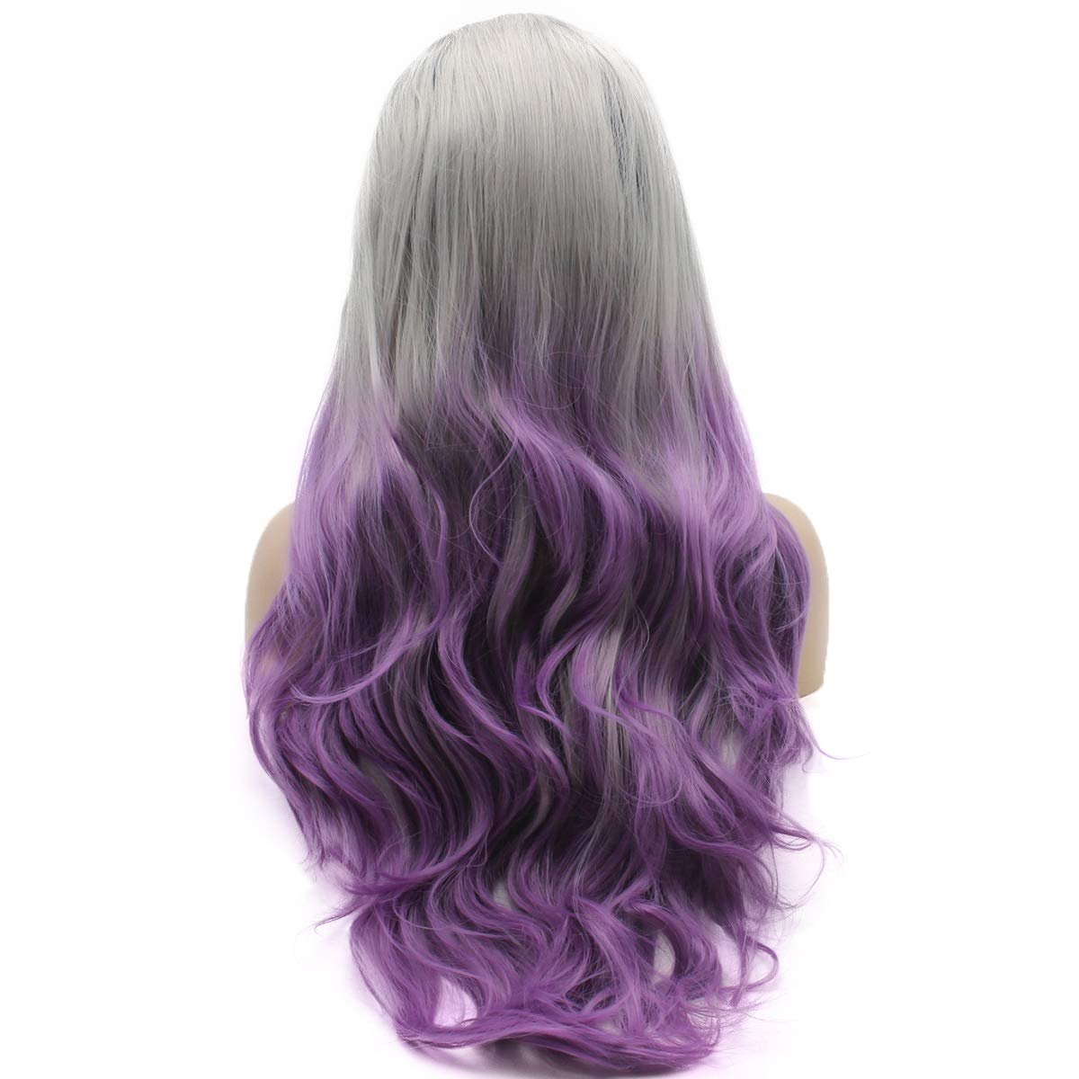 Lushy Hair 26inch Wavy Long Lace Front Synthetic Wig - Dark Root Gray Purple Ombre, Heat Resistant Heavy Density Realistic Wig - görsel 7