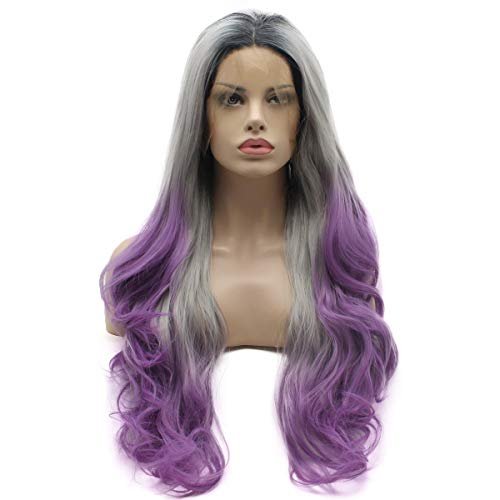 Lushy Hair 26inch Wavy Long Lace Front Synthetic Wig - Dark Root Gray Purple Ombre, Heat Resistant Heavy Density Realistic Wig - görsel 2