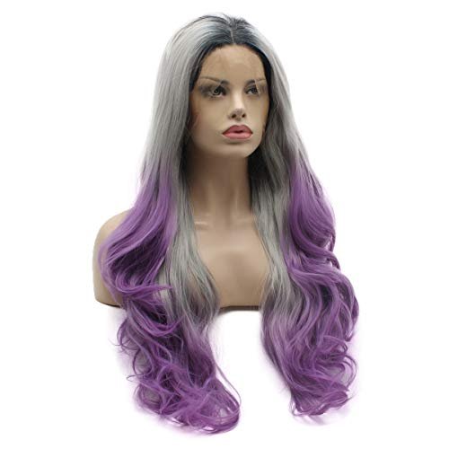 Lushy Hair 26inch Wavy Long Lace Front Synthetic Wig - Dark Root Gray Purple Ombre, Heat Resistant Heavy Density Realistic Wig - görsel 4