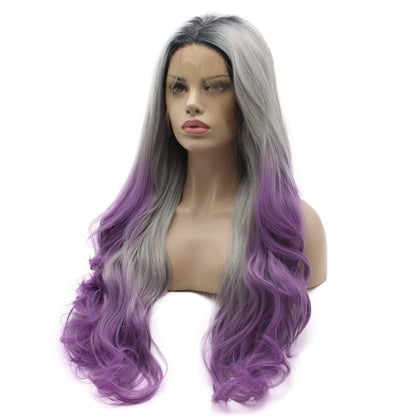 Lushy Hair 26inch Wavy Long Lace Front Synthetic Wig - Dark Root Gray Purple Ombre, Heat Resistant Heavy Density Realistic Wig