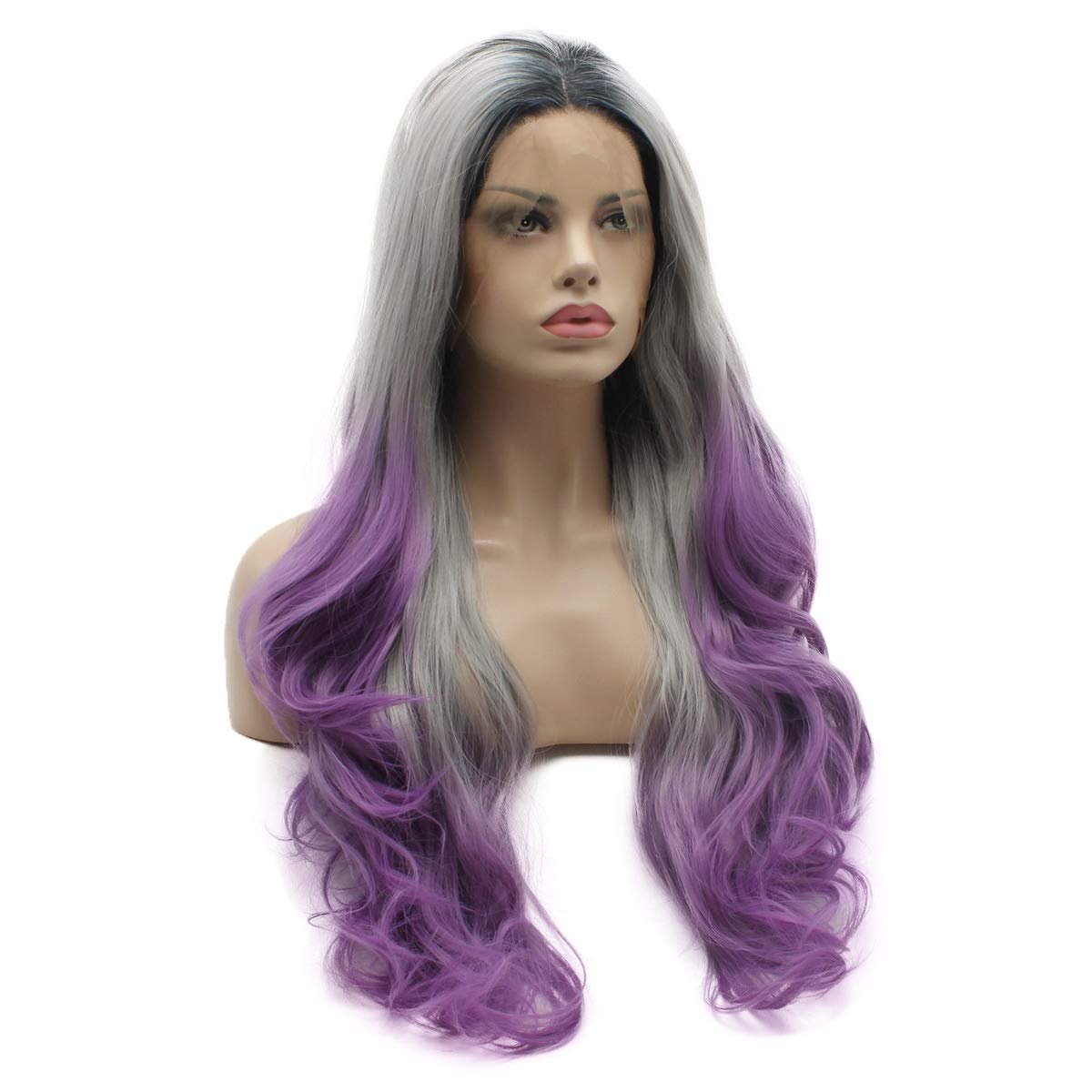 Lushy Hair 26inch Wavy Long Lace Front Synthetic Wig - Dark Root Gray Purple Ombre, Heat Resistant Heavy Density Realistic Wig - görsel 3