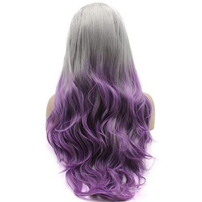 Lushy Hair 26inch Wavy Long Lace Front Synthetic Wig - Dark Root Gray Purple Ombre, Heat Resistant Heavy Density Realistic Wig