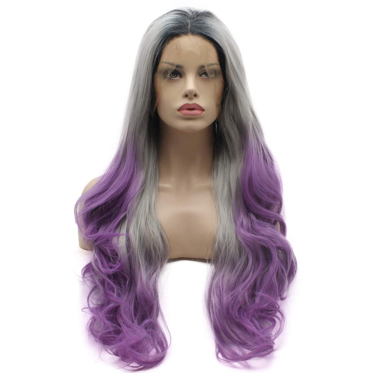 Lushy Hair 26inch Wavy Long Lace Front Synthetic Wig - Dark Root Gray Purple Ombre, Heat Resistant Heavy Density Realistic Wig - görsel 1