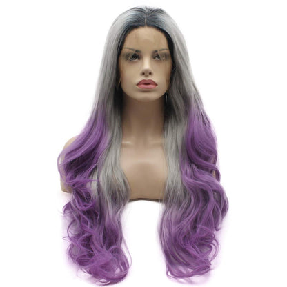 Lushy Hair 26inch Wavy Long Lace Front Synthetic Wig - Dark Root Gray Purple Ombre, Heat Resistant Heavy Density Realistic Wig