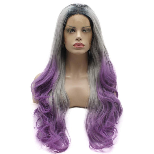 Lushy Hair 26inch Wavy Long Lace Front Synthetic Wig - Dark Root Gray Purple Ombre, Heat Resistant Heavy Density Realistic Wig